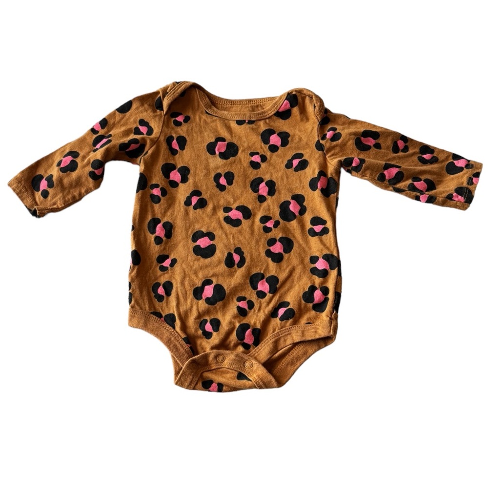 3 FOR $20 GEORGE 6-12M Cotton Brown & Pink Leopard Print Long Sleeve Bodysuit